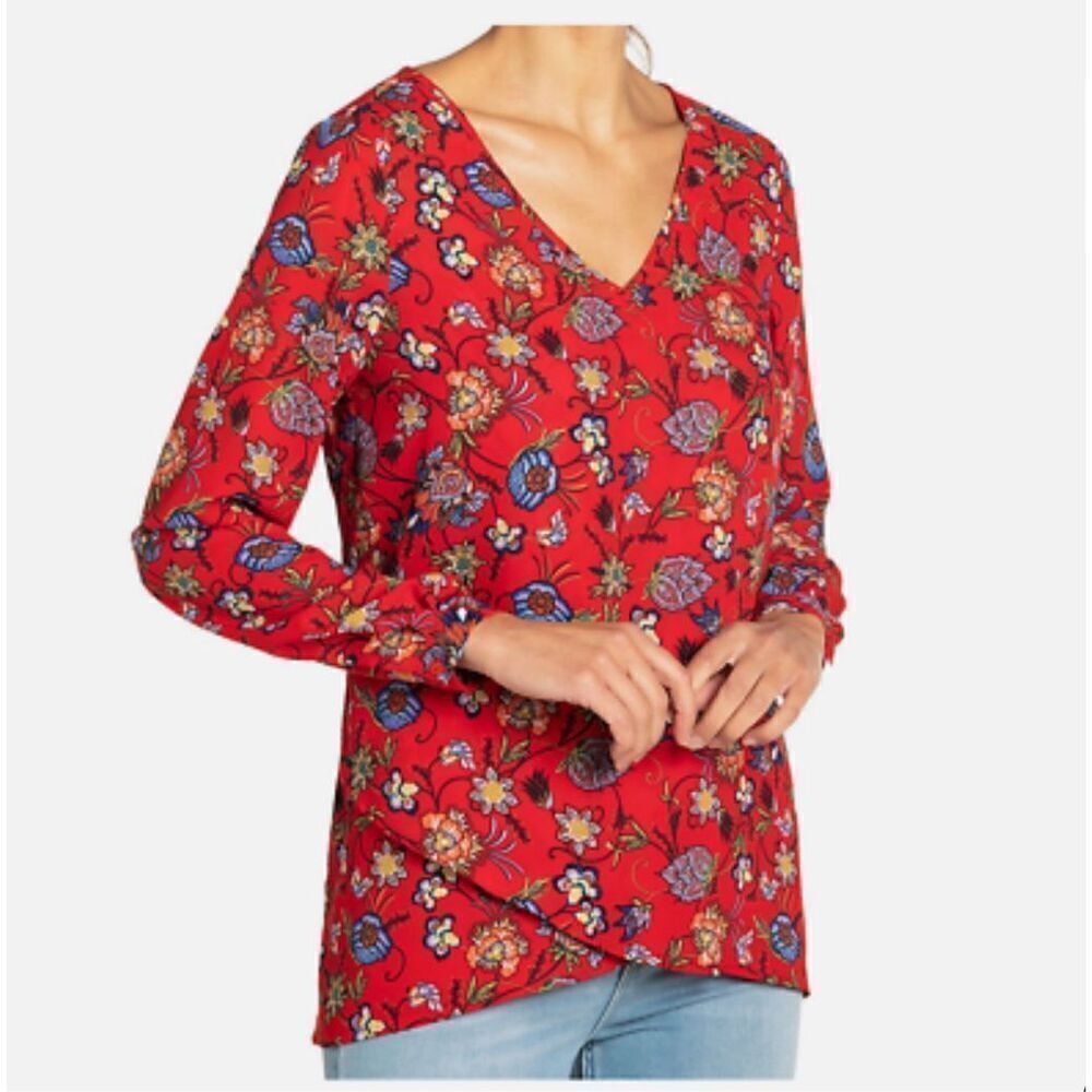 Chelsea And Theodore Long-Sleeve Crossover Woven Top In Red Floral Print, XL